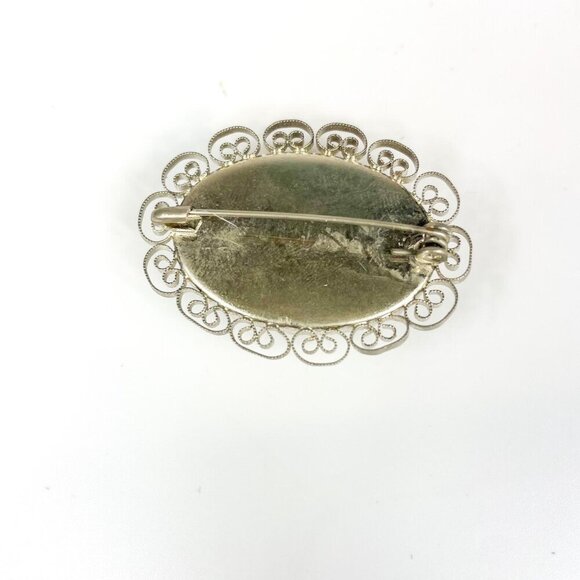 Vintage Rose Quartz & Silver Tone Filigree Oval Brooch - Picture 4 of 4